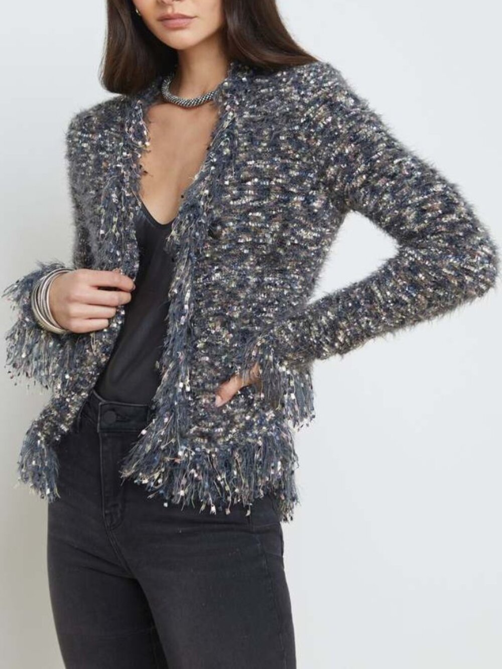 L'AGENCE 'Azure' Confetti-Knit Cardigan Sweater, Grey Multi
